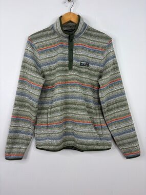 L.L.Bean Sweater Fleece Pullover Mens Medium Green Blue Stripe Quarter Snap